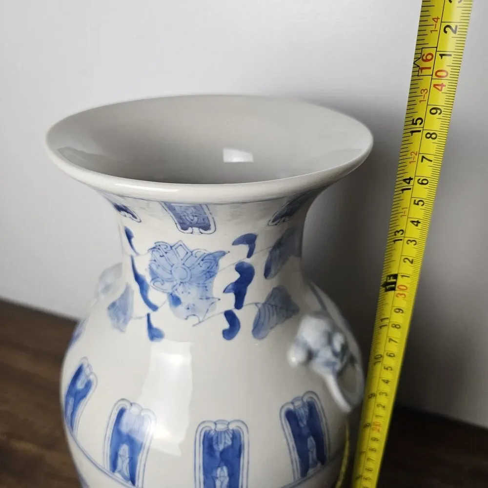 Vintage Chinoiserie Blue White Porcelain Vase Foo Dog Lion Handles Floral 15